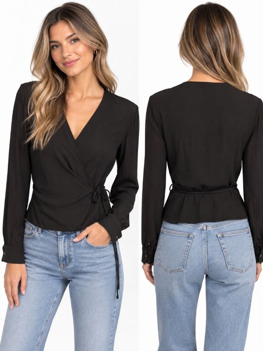 Lafayette 148 Brown Silk Wrap Top Womens Size 6 Long Sleeve V-Neck Blouse